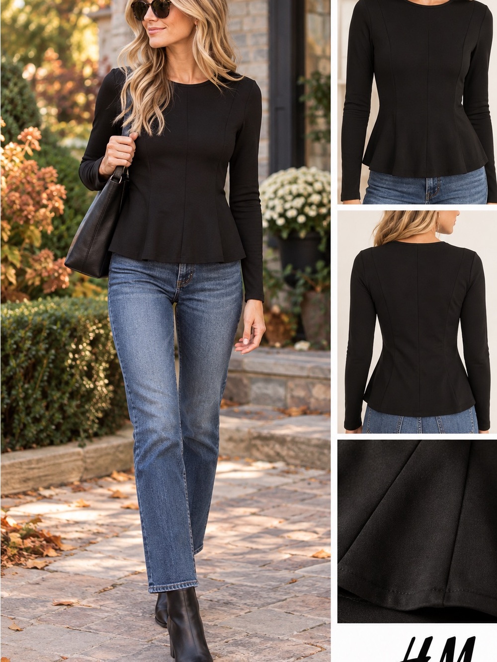 H&M Black Fitted Long Sleeve Princess Seam Flared Top S
